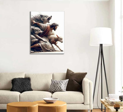 Jesus and Lamb Canvas Wall Art Jesus Protecting Lamb from Wolves Poster Painting Christian Picture Wall Decor Bible Stories Print for Living Room Bedroom Church Decor Framed