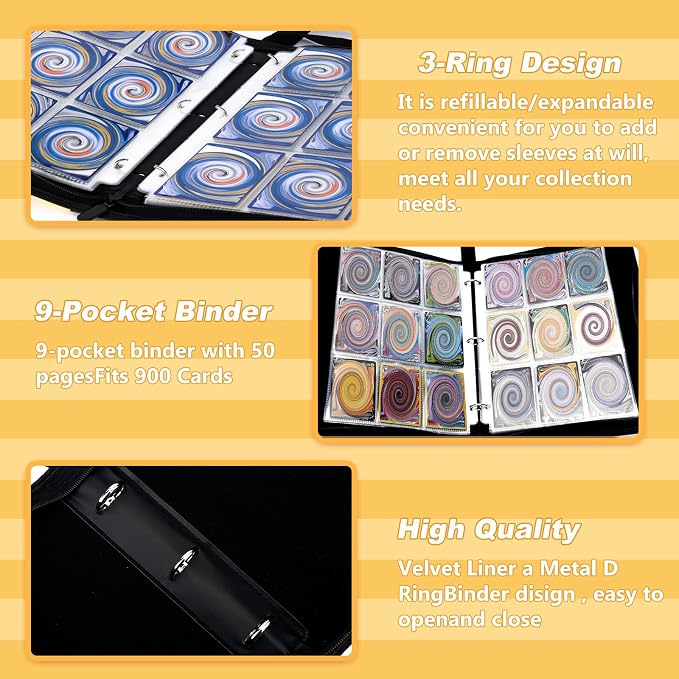 Jravkfi Card Binder 9 Pocket,Premium Trading Card Holder 900 Pockets 50-Page Double-Sided Storage Collection Book 3-ring Zipper Sports Book, Ideal Present for Card Collectors (Black)