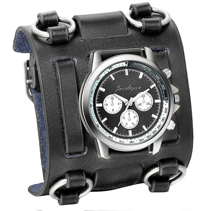 JewelryWe Black Hip-hop Gothic Punk Style Men Watch Wide Leather Fashion Cuff Wristwatch for Halloween