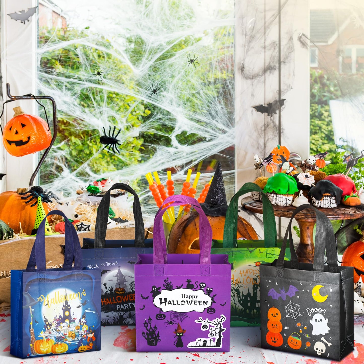Sweetude 50 Pcs Halloween Bags Halloween Tote with Handles Non Woven Bags for Gifts Wrapping Party Supply, 7.9x7.9x3.15''(Creepy)