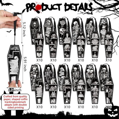 Kolldenn 120 Pcs 12 Styles Halloween Gothic Skeleton Coffin Bookmarks Double Sided Book Tracker Skull Horror Bookmark Gothic Book Marker with Black Tassels for Reading Lovers Gifts Accessories