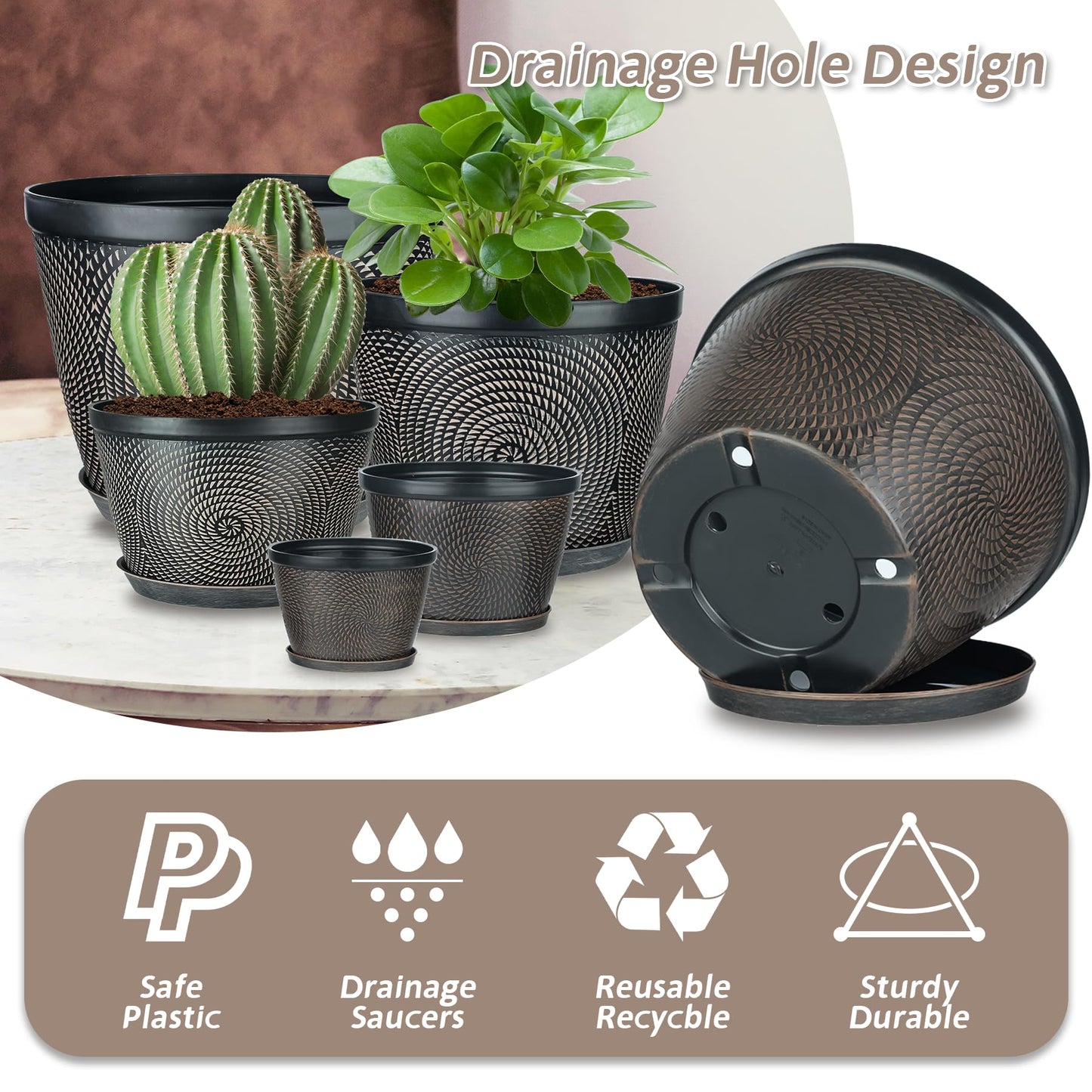 Quarut 4 Pack 8 Inch Flower Pots for Outdoor Indoor, Plastic Plant Pots with Drainage Hole & Saucer, Lightweight Small Flower Pot, Circle Pattern Planters for Garden House planters（Brown）