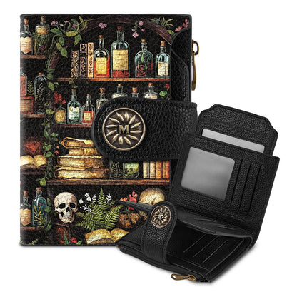 Mayski Skull Bookshelves Gothic Small RFID Wallet Women, PU Leather Bifold Zipper Coin Pocket Compact Cash Credit Card Holder Purse, Cute Travel Wallet for Ladies Teen Girls, 4 ID Window 14 Card Slots