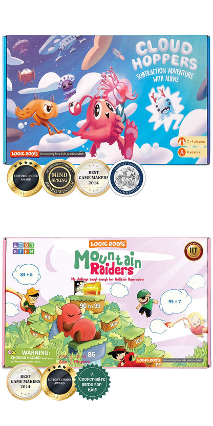Logic Roots Addition and Subtraction Game - Fun Math Board Game for 6-8 Year Olds, Easy to Play Educational Game for Kids at Home, STEM Toy Gift for Girls & Boys (Cloud Hoppers + Moutain Raiders)