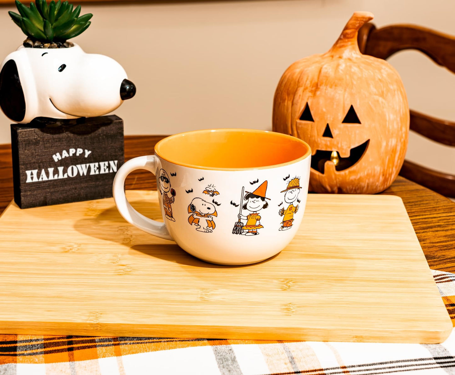 Silver Buffalo Peanuts Halloween Featuring Snoopy (Vampire), Woodstock (Vampire), Charlie Brown (Skeleton), Lucy (Witch), and Linus (Scarecrow) Ceramic Soup Mug, 24 Ounces