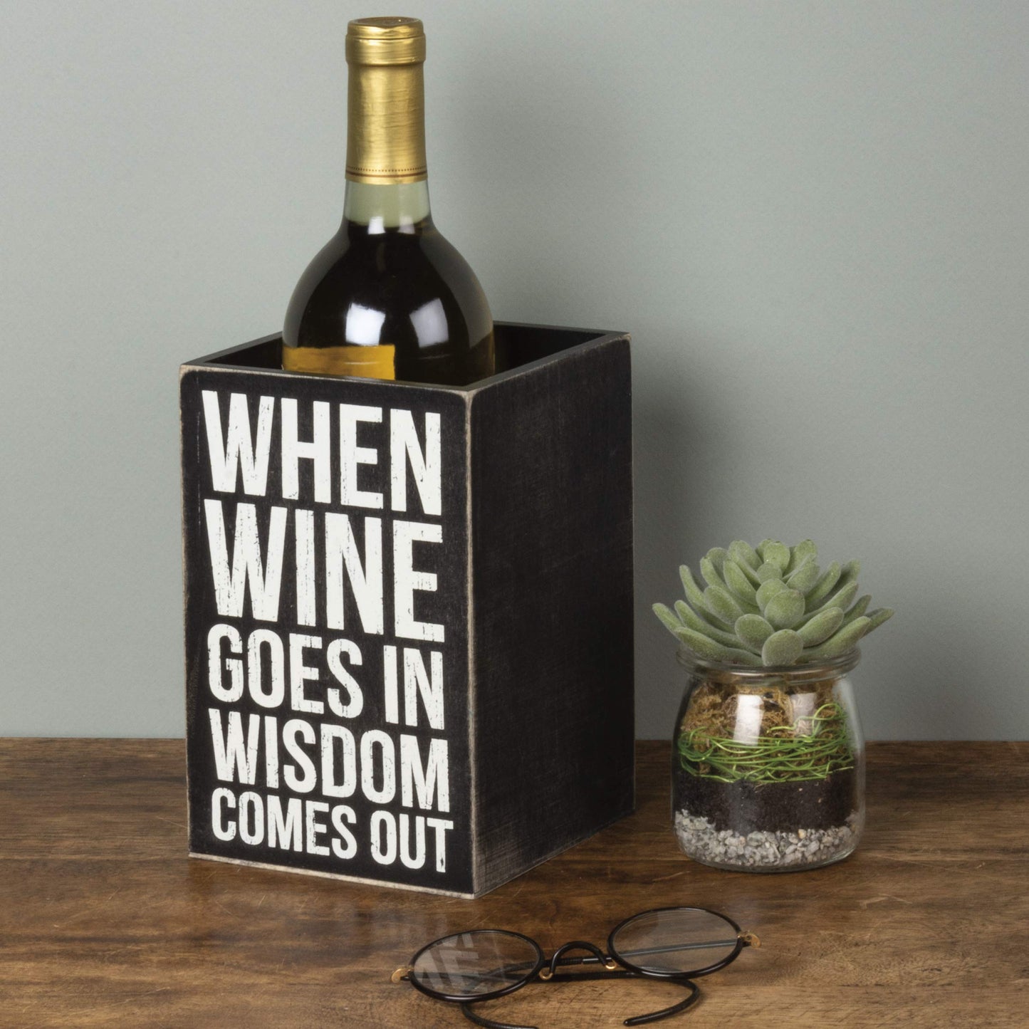 Primitives by Kathy Distressed Black and White Wooden Box, 4.25 x 7.25 x 4.25-Inches, When Wine Goes in