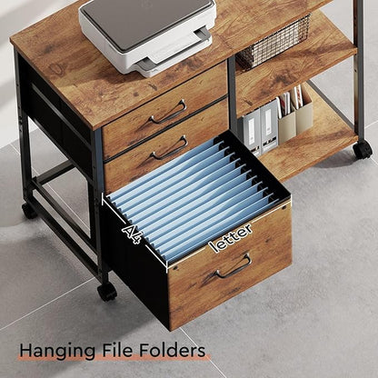 Maihail 3 Drawer File Cabinet with Wheels Rolling Printer Stand with Open Storage Shelf Fabric Lateral Filing Cabinet for Home Office,Rustic Brown2