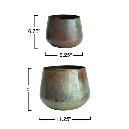 Bloomingville Various Round Metal Planters with Oxidized Finish, Green, Set of 2