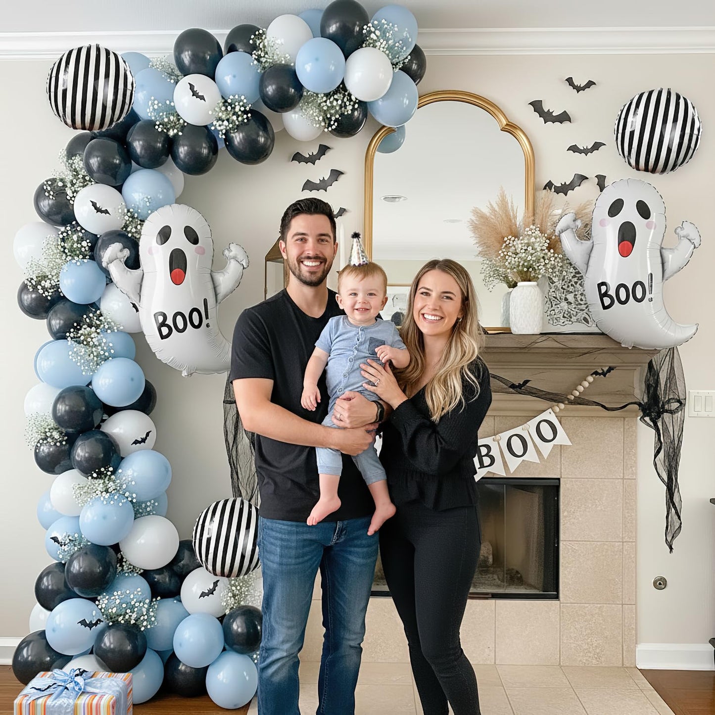 Spooky Halloween Balloon Garland Arch Kit | Black Blue White Balloons with 3D Bat Ghost Foil Balloons Perfect for boo Party Decorations