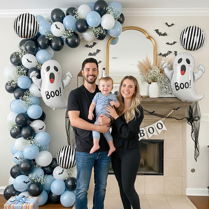 Spooky Halloween Balloon Garland Arch Kit | Black Blue White Balloons with 3D Bat Ghost Foil Balloons Perfect for boo Party Decorations