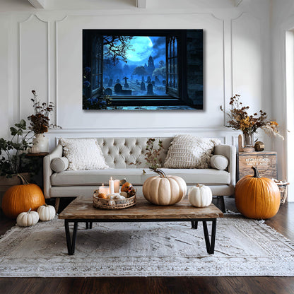 AMAZING WALL Graveyard Fake Window Sticke –3D Haunted Cemetery Illusion Wall Decal with Full Moon & Gothic View–Peel and Stick Halloween Decoration for Home,Door,Wall,32x48in/2PCS