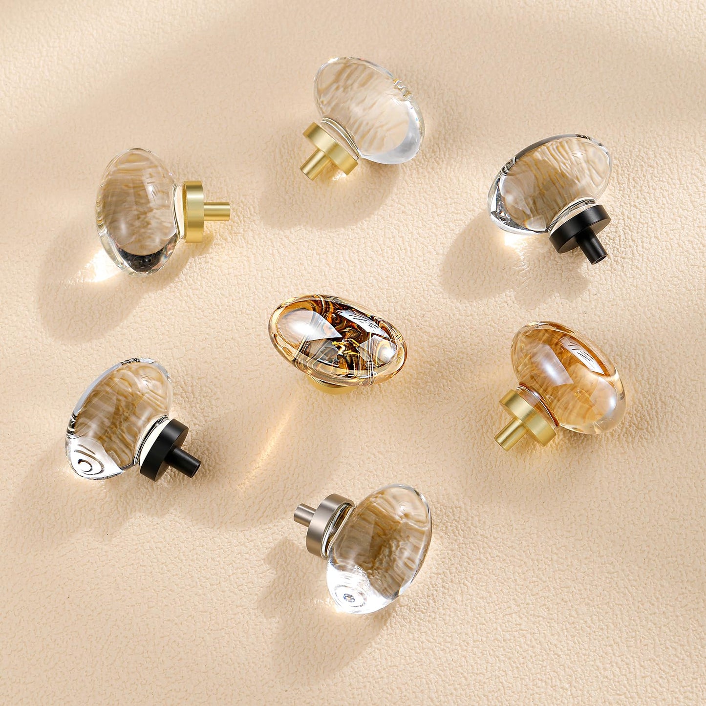 CLCTK 8 Pack Champagne Crystal Cabinet Knobs, Gold Cabinet Glass Knobs for Dresser Drawers Brass Furniture Hardware Pulls (Oval)