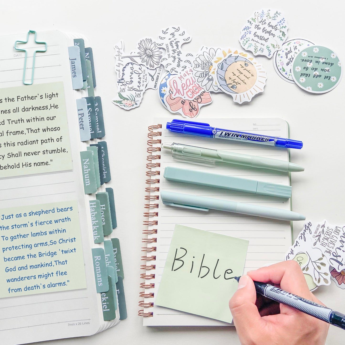 J6&H6 170Pcs Complete Bible Study Supplies Journaling Kit with Tabs, Highlighters and Color Pens, Notebook,Stickers & More Bible Accessories Set for Women, Beginner Christian Gifts(Green)