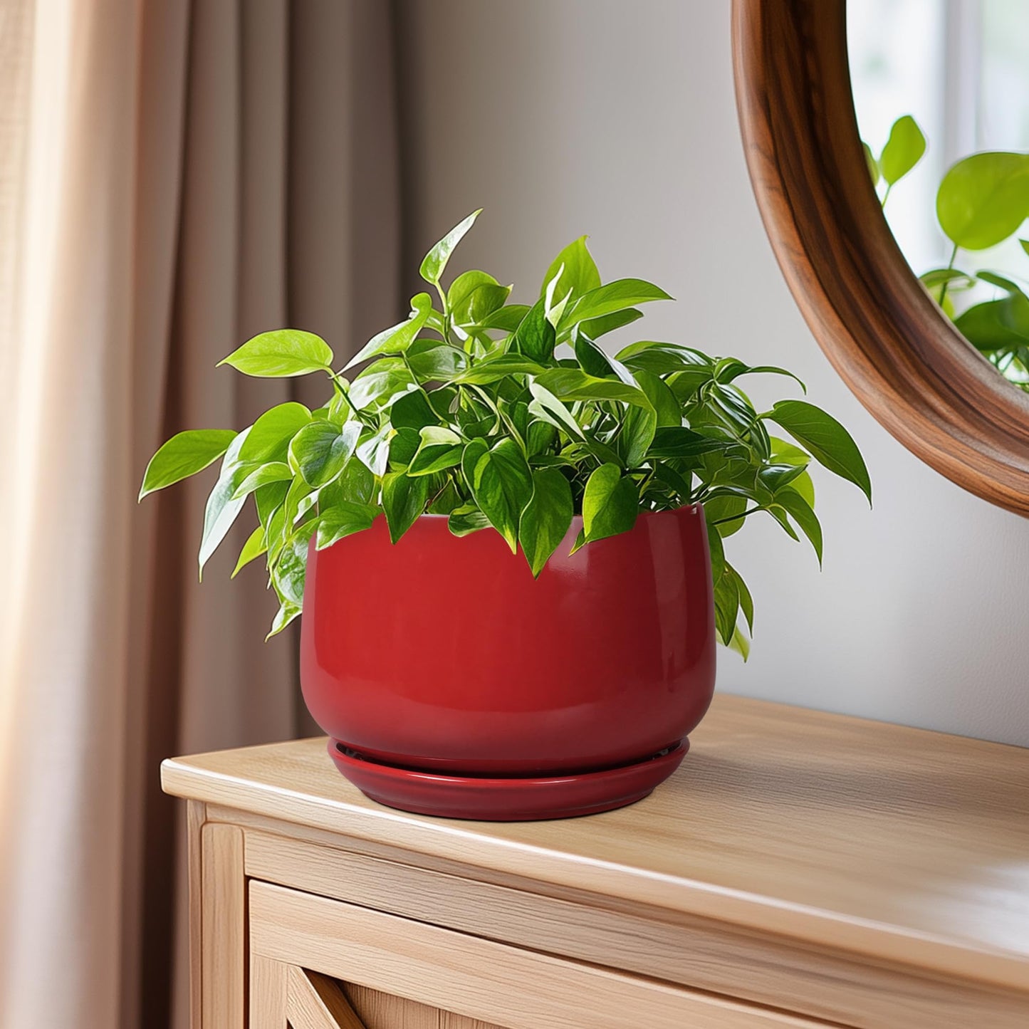 G EPGardening Ceramic Pot for Plants - 6 Inch Plant Pot with Drainage and Ceramic Tray, Modern Living Room Decor, Planter for Housewarming Gifts New Home, Red