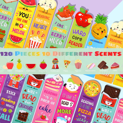Eersida 120 Pieces Scratch and Sniff Scented Bookmarks Kids Fruit Food Theme Sayings Bookmarks Sayings Assorted Cute Scented Gifts for Students Teens Food Lovers, 10 Styles
