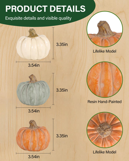 GoGnome Set of 3 Decorative Pumpkins – Resin Fall Harvest Décor in White, Sage Green & Orange, Rustic Autumn Table Centerpiece for Thanksgiving Farmhouse Home Decoration (White)