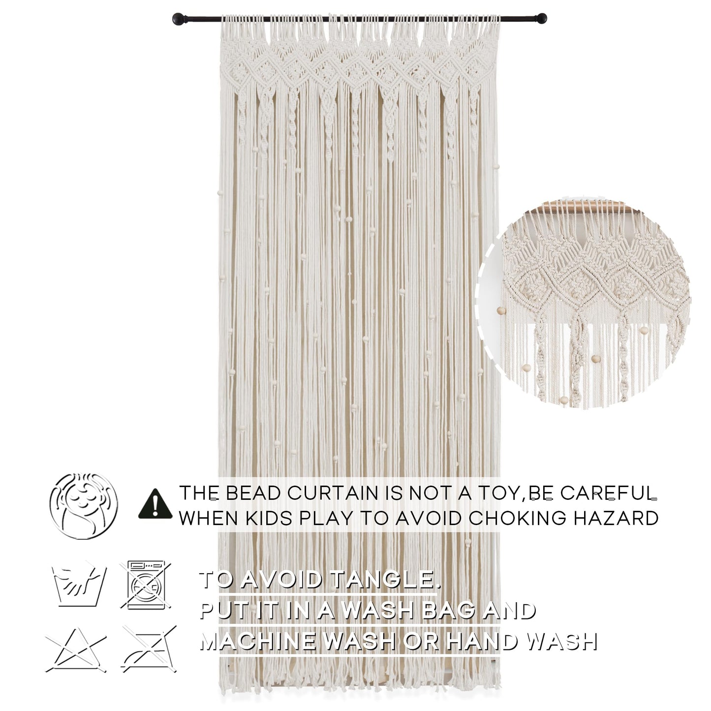 Lino Rosa Beaded Curtain for Doorway, Boho Beads Closet Curtain for Open Closet, Hanging Room Divider for Room Separation, 36" W x 80" L, Cream