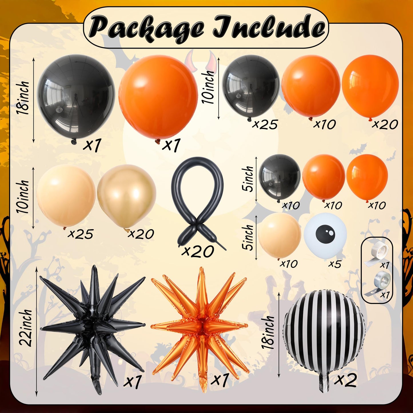 174Pcs Halloween Balloon Garland Arch Kit - Black and Orange Balloon Arch Kit with Spider Eye Explosion Star Balloons for Halloween Spooky One Costume Birthday Party Decorations
