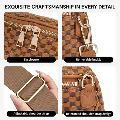 FODOKO Woven Crossbody Bag for Women Woven pu Leather Bum Bags Checkered Cross body purse with zipper Adjustable straps（Checkered Coffee brown