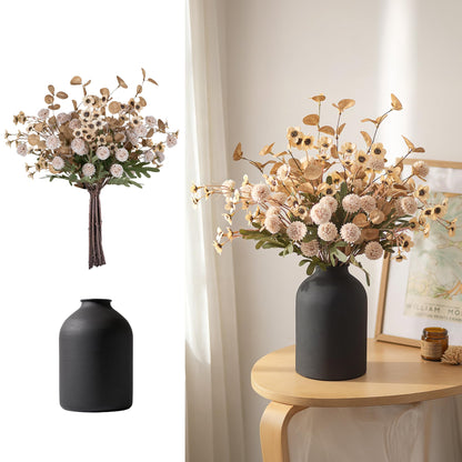 BLOSMON Beige Faux Flowers in Vase: Metal Vase with 12 Stems of Fake Mums Wax Eucalyptuses for Dining Table Centerpiece Decor - Artificial Silk Kiku Pom Poms Wild Farmhouse Floral Arrangements