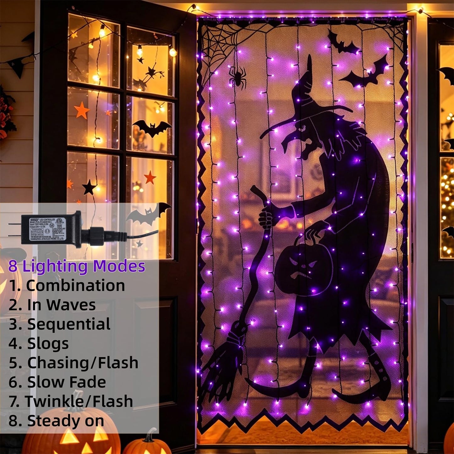Watereem Lighted Halloween Decorations, 40 x 84 Inch 146 LED Purple Curtain Lights with Black Lace Witch Pattern, Scary Skeleton Window Door Drapes for Home Front Door Window Office Party Supplies