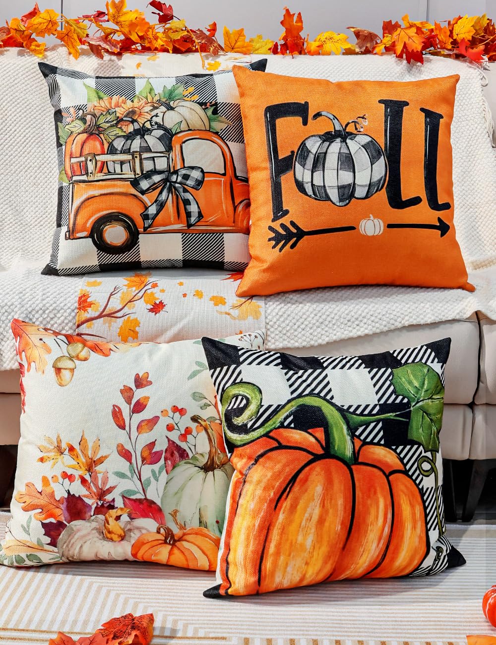 TOYPOPOR Fall Decorations Pillow Covers Double-Side Printing 16'' x 16'' Set of 4, Pumpkins Thankful Blessed Buffalo Plaid Fallen Leaves Thanksgiving Throw Cushion Cases for Outdoor Indoor Home Decor