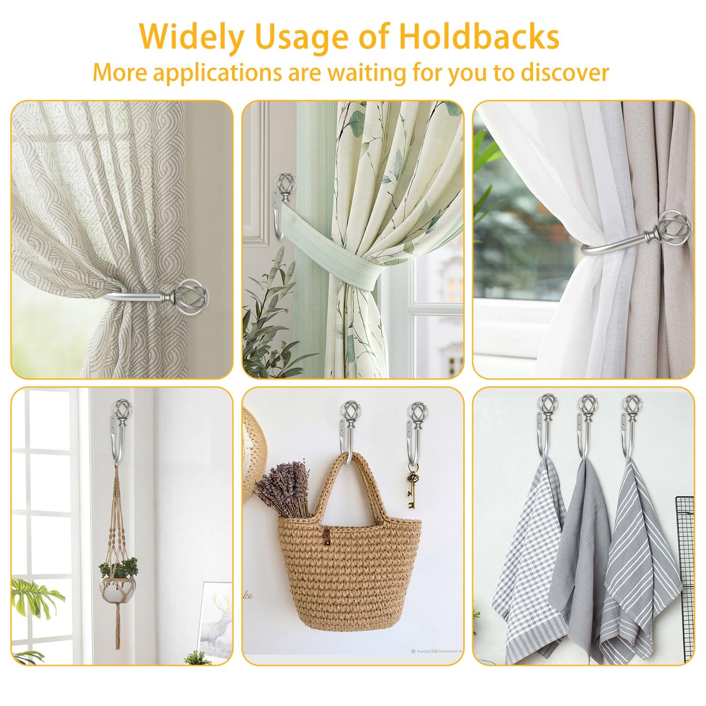 USFOOK 2 Pack Curtain Holdbacks, Decorative Window Drapery Tiebacks (2 Pack/1 Pair), Curtain Tie Back Hooks for Wall with Antique Silver Twisted Cage Finials (3.45" L x 5.35" W)