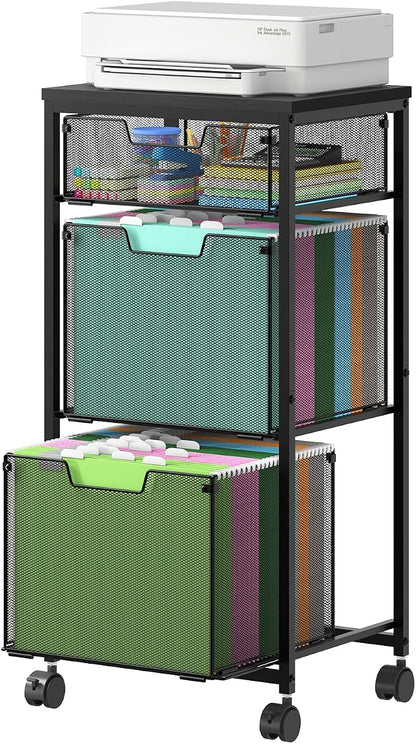 Sbanmao 3 Drawer Mobile File Cabinet for Home Office, Rolling Filing Cabinet on Lockable Wheels, Hanging File Folders Organizer, Utility Cart Storage and Organizer, Printer Stand, Black