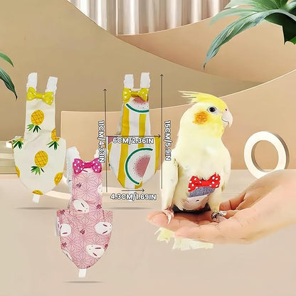 2Pcs Bird Diapers Bird Harness Flight Suits Diapers with 80 Inch Flying Leash Parrot Nappy Washable Cute Urine Wet Suit for Cockatiel Conure Macaw Budgies Parakeet-Kitten&Watermelon,M