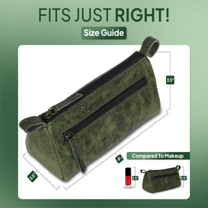 TheAntiq Leather Makeup Bag for Women – Genuine Leather Cosmetic Bag Travel, Handmade Zippered Makeup Pouch, Small Toiletry Bag, Shaving Kit & Stationery Organizer- Forest Green