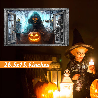 Halloween Wall Decor Halloween Decals 3D Fake Window Wall Decal Peel and Stick Grim Reaper Pumpkins Skeleton Wall Art Murals Halloweens Decoration for Living Room Bedroom Haunted House Party Supplies