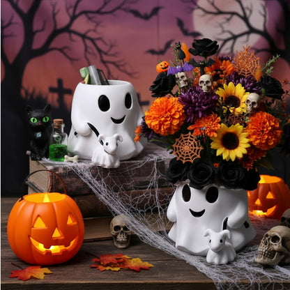 Chunful 2 Pcs Ghost Bucket Decor Halloween Couple Ghost Table Decoration Halloween Candy Bowl Planter Vase Centerpieces for Home Office Shelf