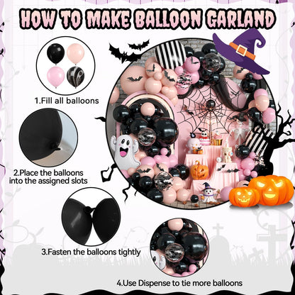 Halloween Balloon Arch Garland Kit, Black Pink Macaron Orange Black and White Striped Ghost Foil Balloons with 3D Bat Stickers for Girls Halloween Party Spooky Birthday Party Decorations