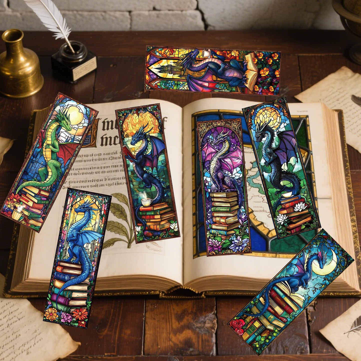 Wxiben Stained Glass Dragon Bookmarks - 100 Pcs Fantastic Bookmark Dragon with Wing Book Marks Cool Animal Book Markers Page Clip GIFS for Men Teens Students Teacher Romantasy Reader Bookish Bookworm