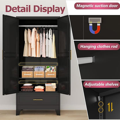 GAIOUS Metal Armoire Wardrobe Closet Cabinet with 2 Doors and Drawer, 71" | Household Wardrobe Cabinet with Hanging Rod, Clothing Storage Cabinet with Adjustable Shelf for Bedroom Cloak Room Gym Black