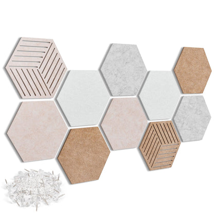 10 Pack Hexagon Cork Board Tiles Alternative, 12'' Fully Self-Adhesive Modern Felt Bulletin for Wall Decor, Frameless Pin Board for Office, Renter-Friendly Decorative Hexagon Corkboard with 30 Pins
