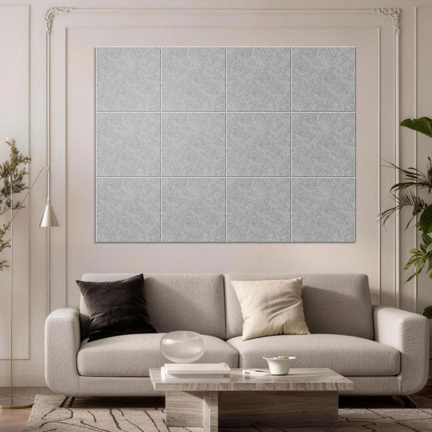 MISSDAY Dark Grey Acoustic Wall Panel Large Felt Bulletin Board 48" x 36" Cork Board for Wall, 12-Pack Boards with 72 Adhesive Tabs, 50 Pins, Pin Board for Home Office Classroom Soundproof Wall Tile
