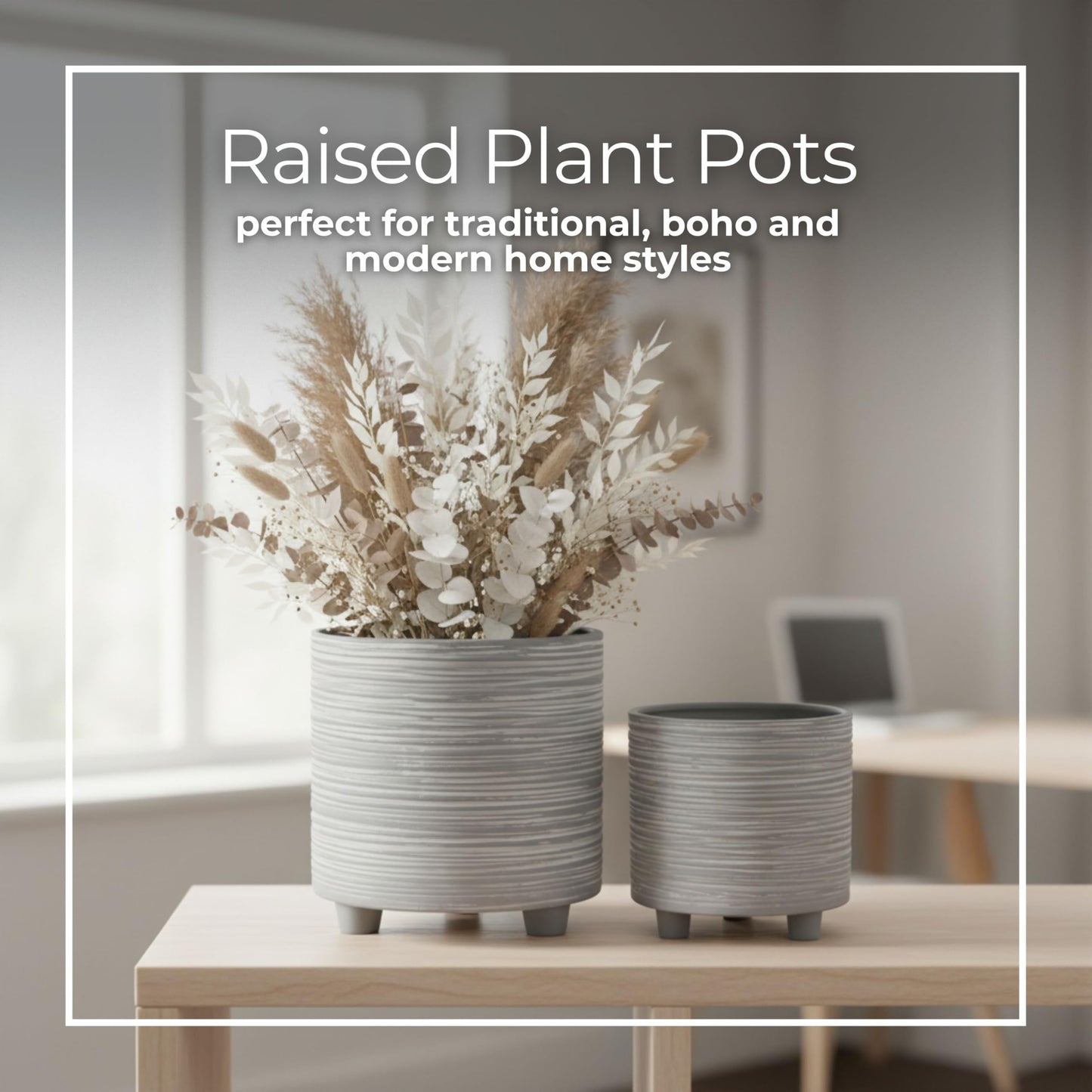 Set of 2 Footed Planters with Ridged Lines Accent – Ceramic Stoneware Outdoor & Indoor Plant Pot – Modern Garden & Home Decor Ceramic Planters – Stylish Pot for Plants – 6" & 8", Gray