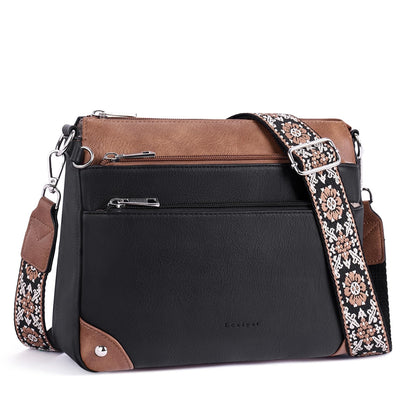 Lexiyat Crossbody Bags for Women Rfid Travel Crossbody Purses Leather Roomy Handbags Medium Shoulder bag with Adjustable Strap Blackwithbrown