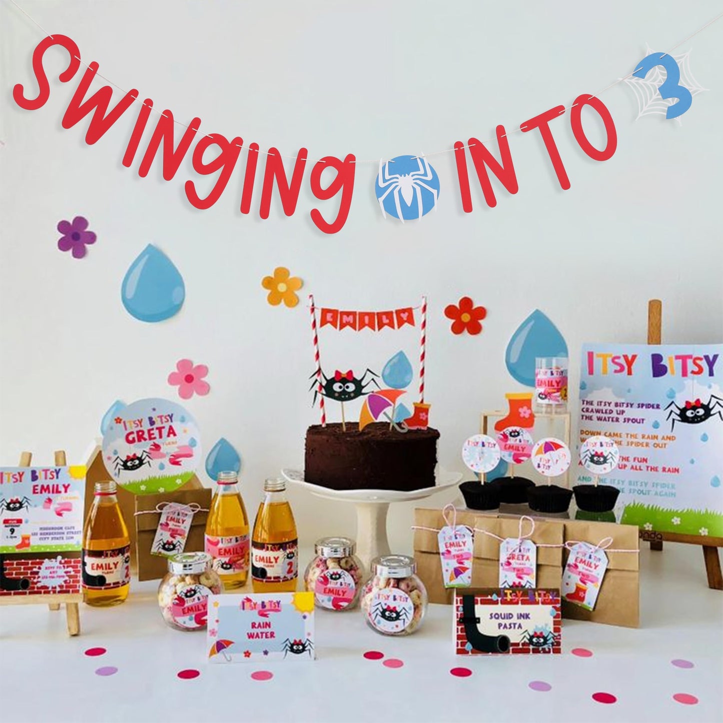 Spider 3rd Birthday Banner - Swinging into 3 Banner, Spider Birthday Decorations for Kids, Boys Third Bday Decor