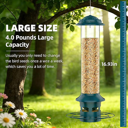 Metal Squirrel Proof Bird Feeders for Outdoors Hanging 4.0 LB Large Capacity,Easily Beat Squirrels,Easy to Clean and Fill,Waterproof,Attracting Finch,Cardinal,Chickadee and More