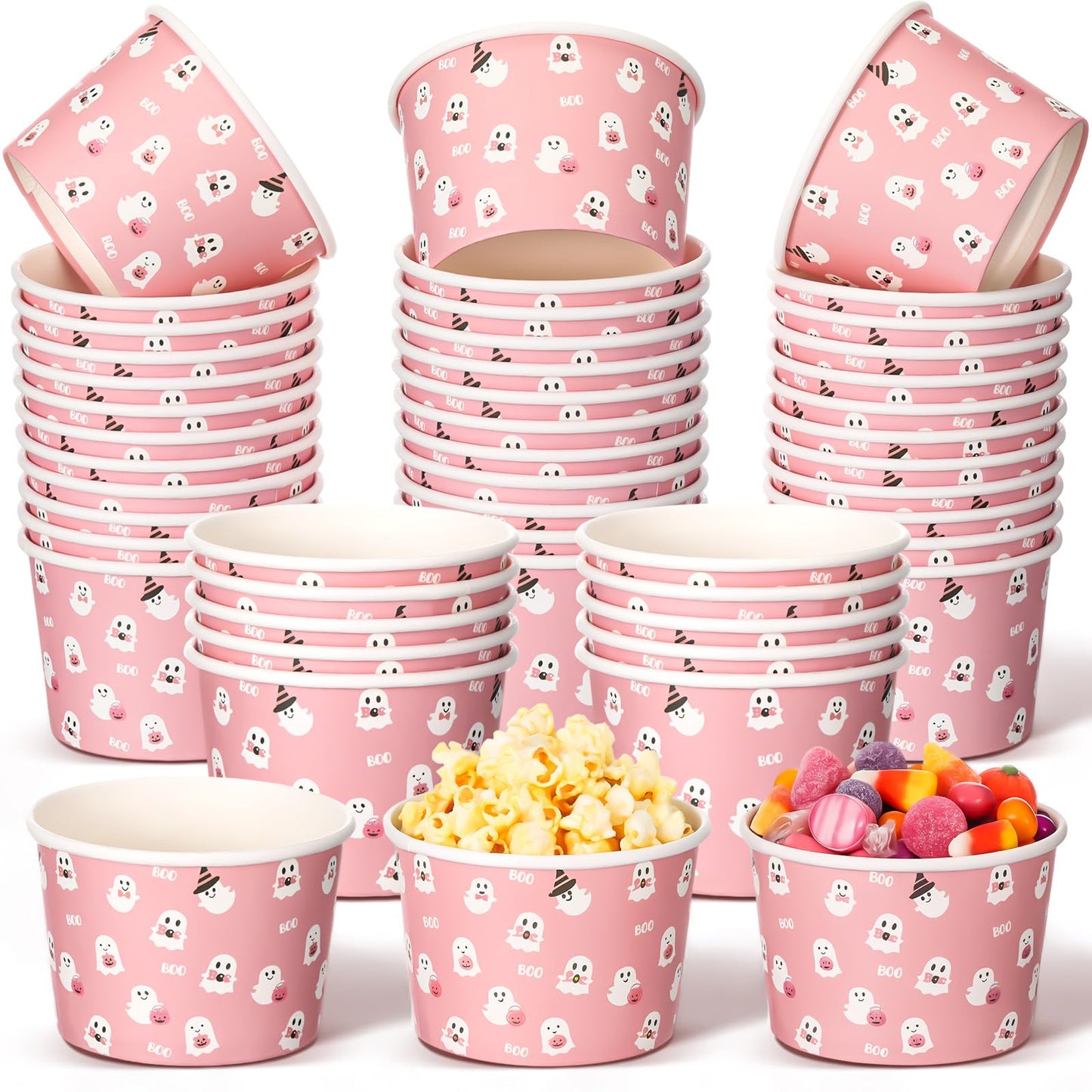 Spiareal 24 Pcs Halloween Bowls Pink Ghost Disposable Paper Bowls 9oz Halloween Treat Snack Cups Candy Dessert Ice Cream Party Cups for Holiday Table Decoration Party Favor Supplies