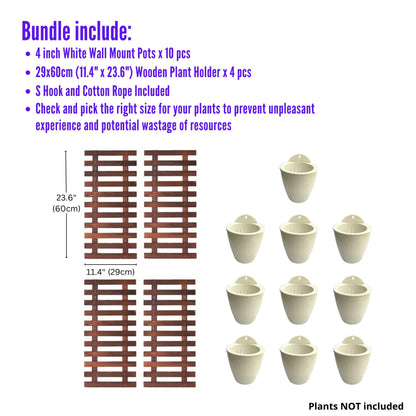 LalaGreen Bundle - 4 inch x 10 Pack Self Watering White Plastic Pot + 4 Pack Wooden Hanging Planters for Indoor Plants, Wall Mount Plant Stand Ladder, Outdoor Vertical Garden