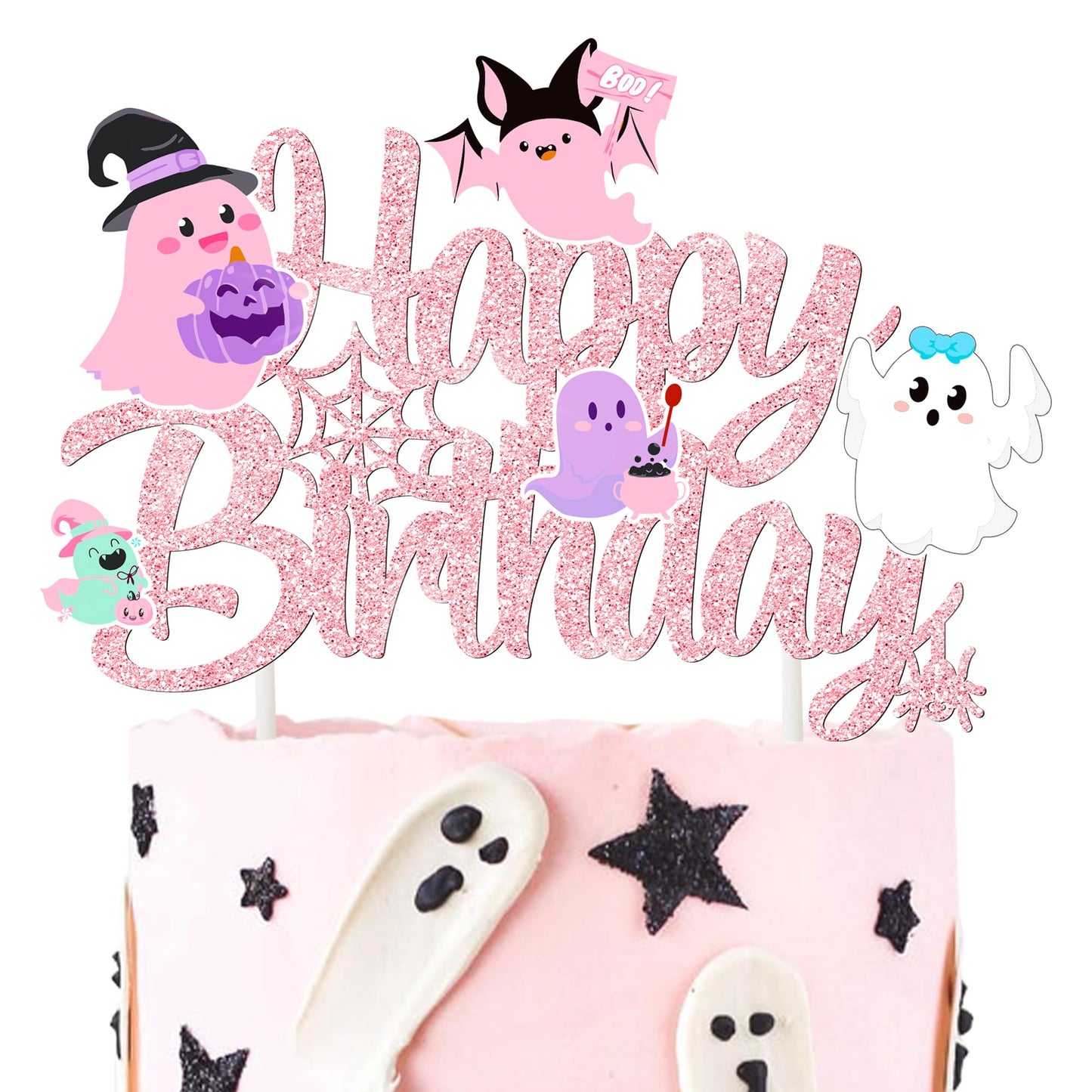 Ghost Birthday Cake Topper Pink Glitter Halloween Birthday Party Decorations Lovely Ghost Cake Picks Ghosts Theme Cake Decorations for Happy Boo Day Party Supplies