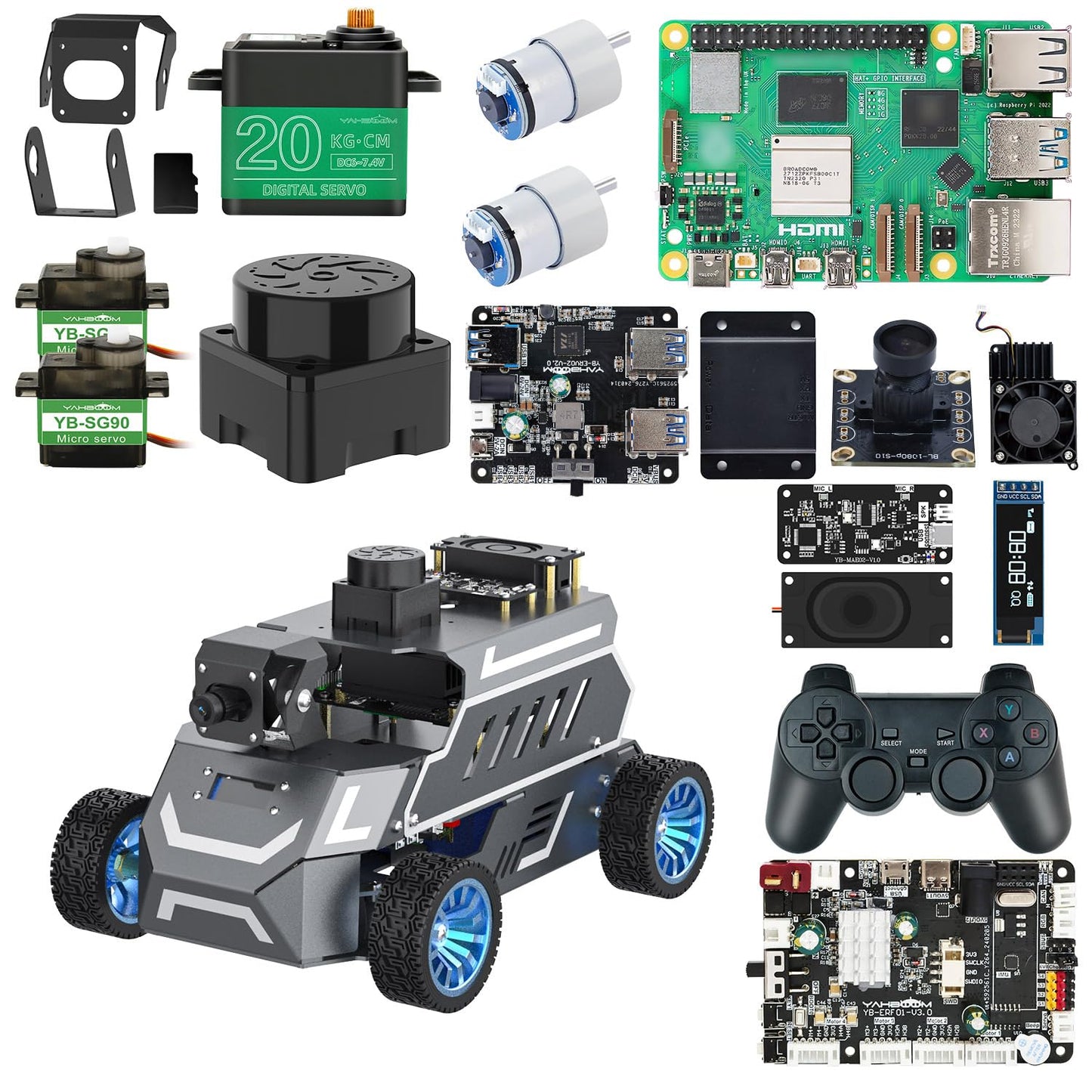 Yahboom ROS2 Robot Car with Ackerman Steering Chassis, TOF LiDAR, AI Visual Recognition, Embodied Intelligence for Jetson Nano B01 4GB, Raspberry Pi 5, Jetson ORIN (Standard Ver with Pi5-8GB)