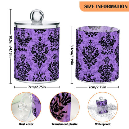 Halloween Purple Haunted Damask Qtip Holder Dispenser Qtip Apothecary Jar Plastic Bathroom Storage Canister 10 Oz for Cotton Ball Swab Round Pads Floss 2pc