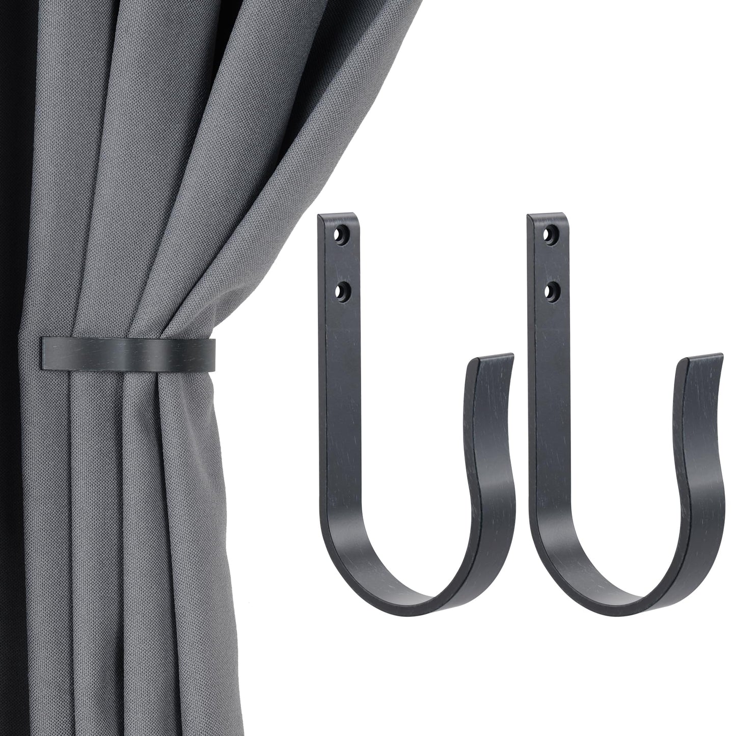 Mayrhyme Black Wood Grain Curtain Holdbacks,Solid Aluminum Wall Mounted Curtain Tiebacks & Hooks,U Shape Curtain Holders,Elegant Curtain Pull Backs for Drapes, Curtains(2 Pack)