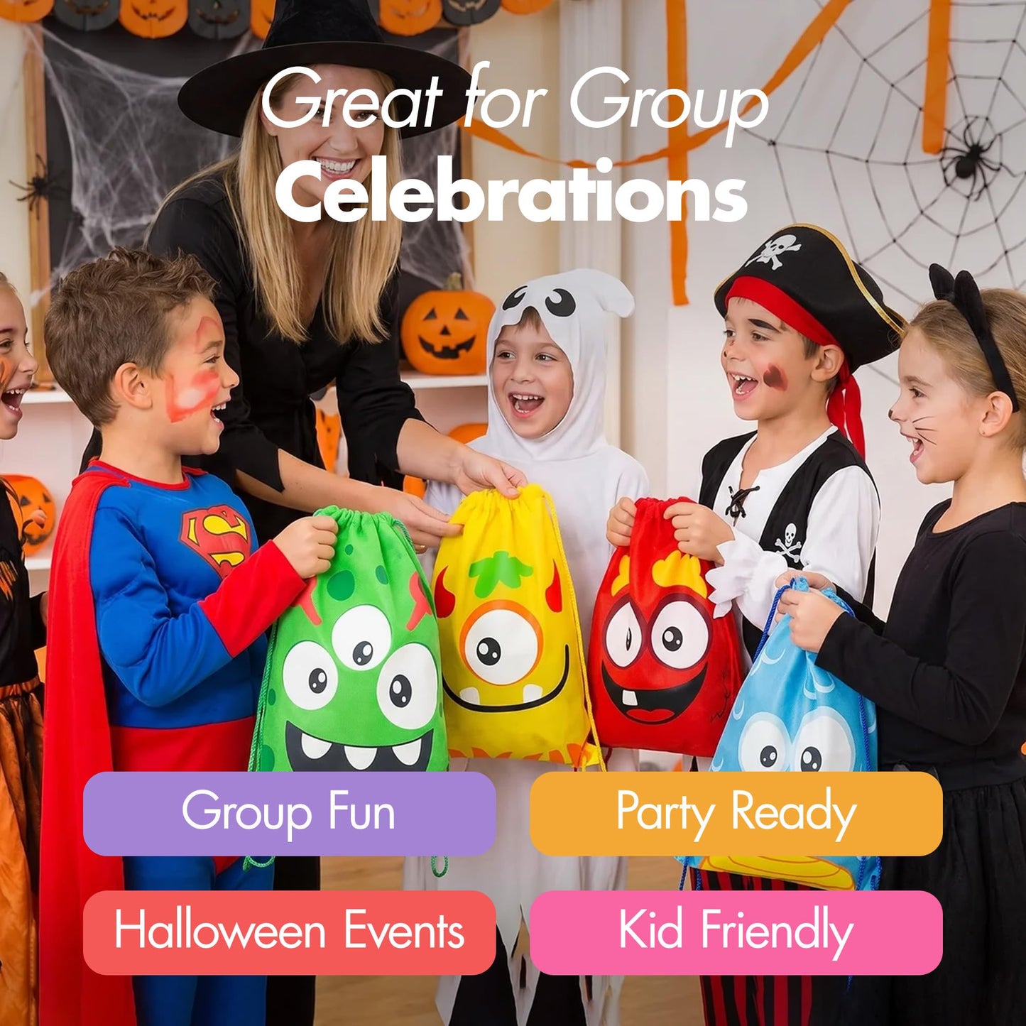 Podzly Drawstring Bags Bulk 12 Pack – Monster Themed Drawstring Backpack Bulk – 12" x 15" Washable Polyester Cinch Sackpack – Kids Party Favor Goody Bags for Halloween, Birthday, Dulceros Fiestas