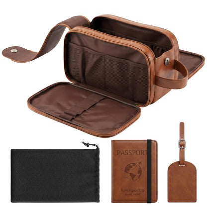 OXYEFEI Men's Travel Toiletry Bag,PU Leather Waterproof Large Travel Shaving Dopp Kit Bag,Include Passport Holder Leather Luggage Tag for Travel Essentials (Light Brown)