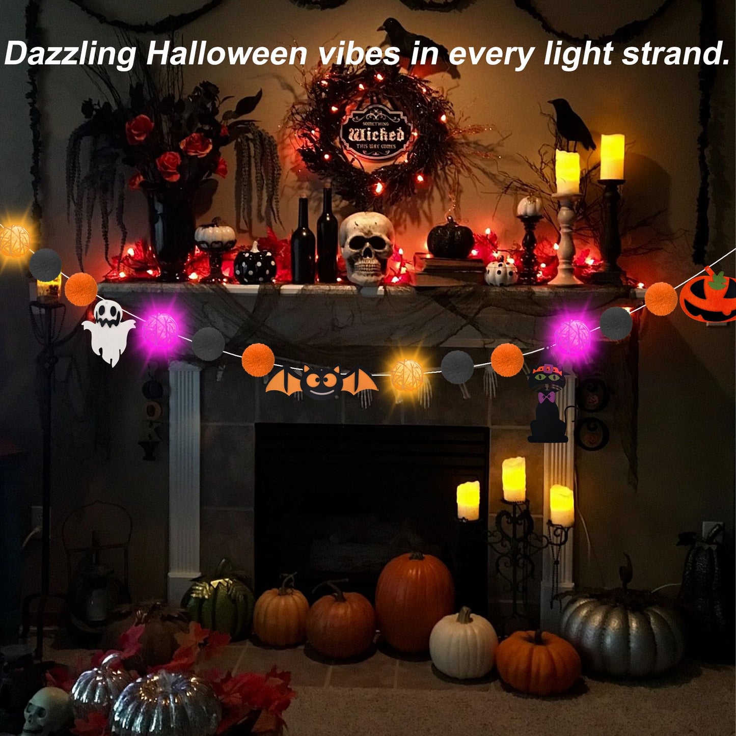 Halloween Decorations Battery USB 10.8Ft Halloween Strip Lights Banner Garland Décor with Felt Bats Ghost Witch Hat Pumpkins Spider Fuzzball Décor for Party Indoor Home Room Wall Fireplace WindowDoor